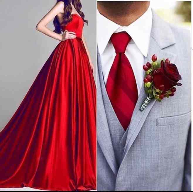 ست کردن لباس عروس قرمز با کراوات و پوشت قرمز