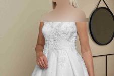 تصویر بند انگشتی لباس عروس شاینی دامن پیلی تزئینات گیپور اپلیکه شده روی بالا تنه