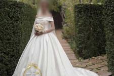 تصویر بند انگشتی لباس عروس آف شولدر ساتن ساده