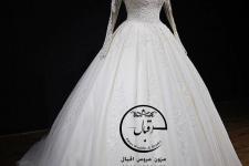 تصویر بند انگشتی لباس عروس یقه هفت آستین حریر