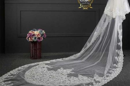 تور سر دنباله دار عروس با تزئینات گیپور